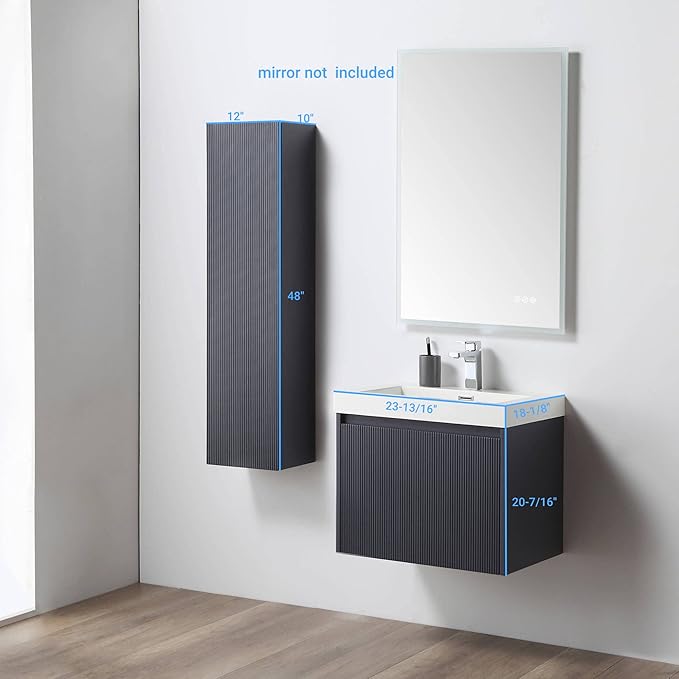 Blossom 24 Inch Bathroom Vanity with Sink and Side Cabinet, All Wood Floating Bathroom Vanity with Acrylic Sink, Bathroom Sink Cabinet with Soft-Close Drawer, Modern Style Vanities, Night Blue