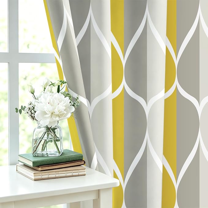 Gelbchu Geometric Shower Curtain for Bathroom, Gray Yellow, 72x72 Inch | with Hooks, Premium Polyester, Quick Dry, Water Repellent, Machine Washable, Rustproof Grommets, Modern Minimalist