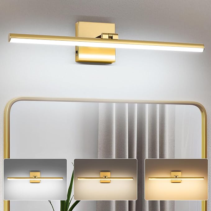 LED Bathroom Vanity Light, Modern Bathroom Light Fixture Over Mirror (3000K/4000K/6000K, Dimmable), Vanity Light Bar with Angle Adjustable, 24 Inch, Brass
