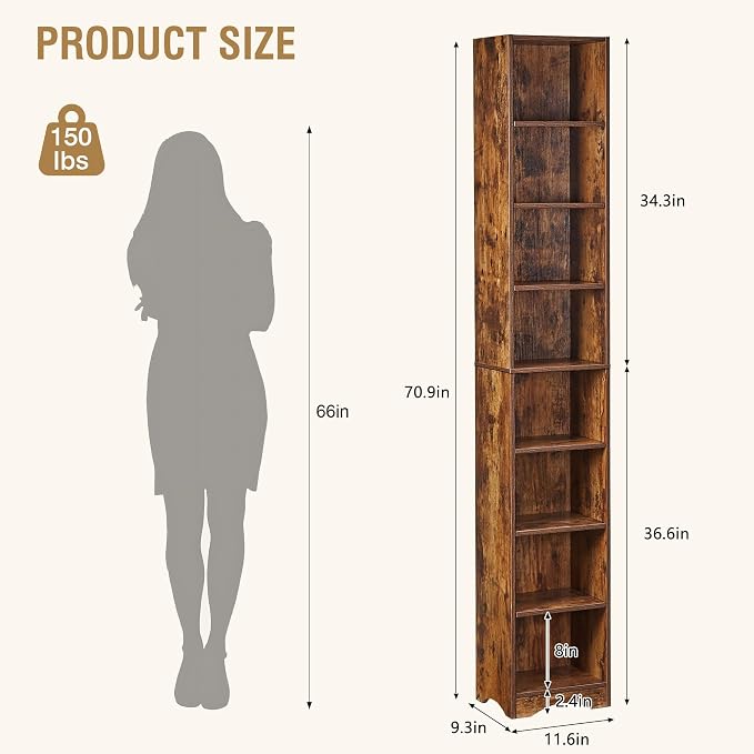 VECELO Tall Open Narrow Bookshelf, 6 Adjustable Movable Shelves, Wood Space Saving Corner Storage Rack for Small Spaces, Retro Brown