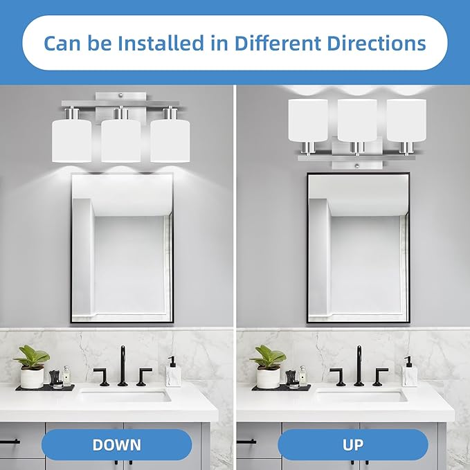 SILAMPDI Bathroom Light Fixtures Brushed Nickel, 3-Light Bathroom Lights Over Mirror, Bathroom Vanity Lights for Bedroom, Living Room, Hallway, Milky White Glass Shades, E26 Base, Bulbs Not Included