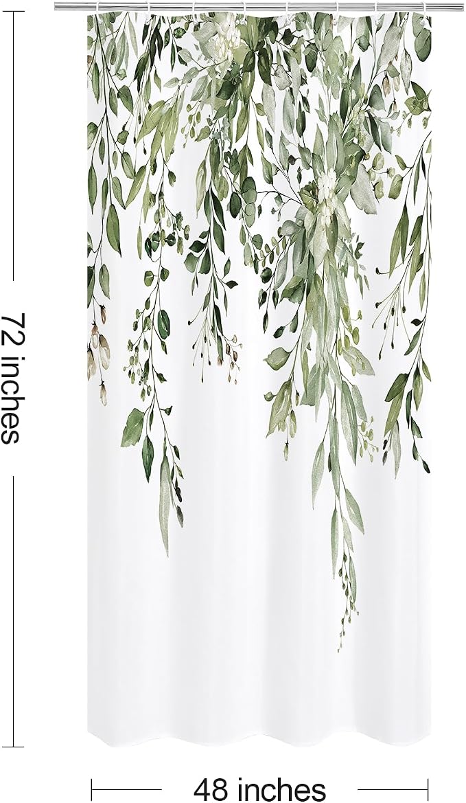 Olive Green Eucalyptus Shower Curtain, Floral Print, 48x72 | Watercolor Plant Leaves Floral Print, Stall Waterproof Fabric Bathroom Decor, Machine Washable, Rustproof Grommets