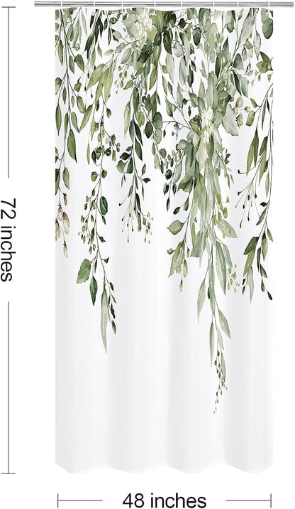 Olive Green Eucalyptus Shower Curtain, Floral Print, 48x72 | Watercolor Plant Leaves Floral Print, Stall Waterproof Fabric Bathroom Decor, Machine Washable, Rustproof Grommets