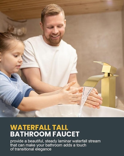 Vessel Sink Faucet Brushed Gold: ARCORA Single Hole Tall Bathroom Faucet, Single Handle Tall Waterfall Bathroom Faucet with Pop Up Drain and cUPC Supply Lines