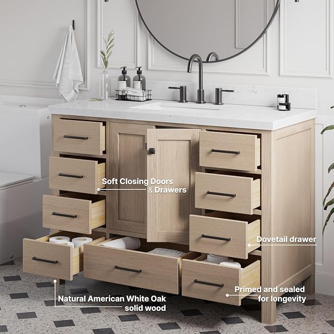 ARIEL Cambridge 48-inch Bathroom Vanity Base Cabinet,Solid Wood, 2 Soft Closing Doors, 9 Dovetail Drawers, White Oak