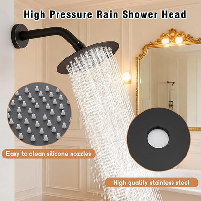 Matte Black Shower Faucet Set with 6 Inch Rainfall Showerhead, Shower Valve Kit for Bathroom Stainless Steel Black Showerhead and Handle Set