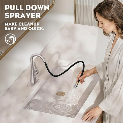 Tall Bathroom Faucets with Pull Down Sprayer, Brushed Nickel High Arc Single Handle Pull Out Faucet, 1 or 3 Hole Utility Sink Laundry Bar Faucet Pull Out with Deck Plate WE10CL-ZY-BN