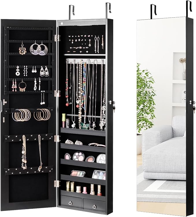 LOKO Mirrored Jewelry Armoire, Wall/Door Mounted Jewelry Cabinet with Full-Length Mirror, Lockable Jewelry Storage Organizer with 2 Drawers & 2 LED Lights, for Girls Women Gift Bedroom (Black)