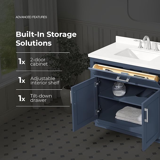 OVE Decors Bailey 36 in. Single Sink Freestanding Midnight Blue Bathroom Vanity with White Quartz Top and Matching Backsplash