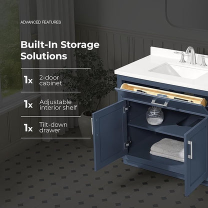 OVE Decors Bailey 36 in. Single Sink Freestanding Midnight Blue Bathroom Vanity with White Quartz Top and Matching Backsplash