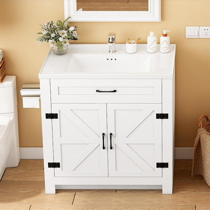 Bathroom Vanity, 32" Bathroom Vanity with Ceramic Sink, Farmhouse Bathroom Vanity Cabinet for Small Space, Freestanding Storage Cabinet with Shelf, 2 Doors, Easy Assembly