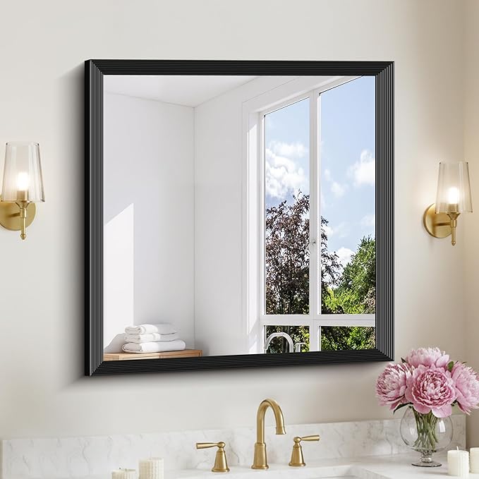 Black Bathroom Mirror 30 x 30 Inch Rectangle Wave Beveled Frame for Wall Bathroom Vanity Mirror for Over Sink, Tempered Glass,for Entryway Hangs, Bathroom Living Room Horizontal or Vertical
