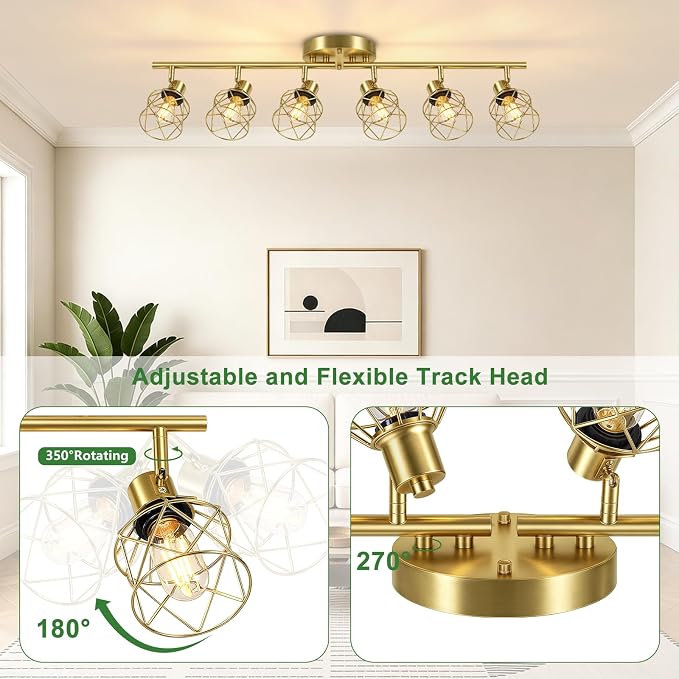 Baocuz 6-Lights Gold Semi Flush Mount Ceiling Light, Adjustable Multi-Directional Light Fixtures, Rotatable Farmhouse Light Fixtures with Metal Cage for Dining Room, Living Room, Kitchen