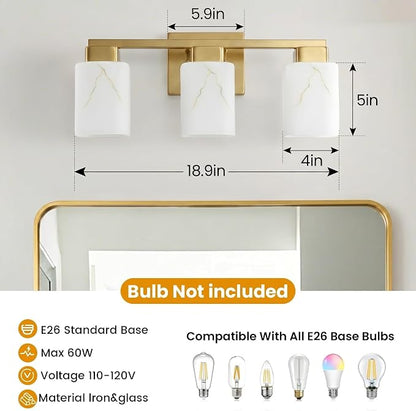 3-Light Square Bathroom Light Fixture, Gold Modern Vanity Light with White Marble Glass Shade, for Bathroom Mirror, Living Room, Bedroom, Hallway, E26 Base
