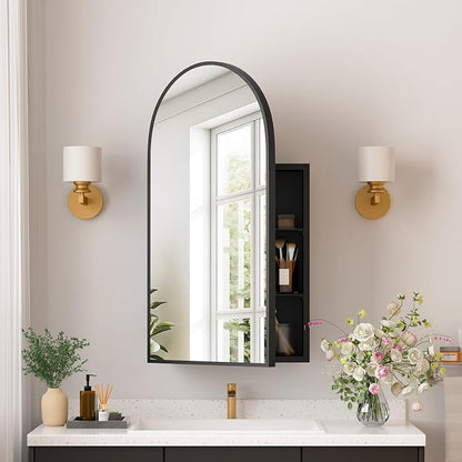 Medicine Cabinets for Bathroom, Black Arched Medicine Cabinet Recessed or Surface Wall-Mounted,Modern Bathroom Vanity Mirror with Storage, Mirrored Cabinet with Adjustable Shelves,16x31 Inch