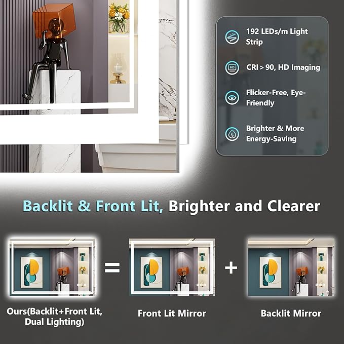 48x30 LED Bathroom Mirror with Lights, Backlit and Front Lit Anti-Fog Lighted Vanity Mirrors for Bathroom Wall, Dimmable, 3-Color Light, Memory, Shatter-Proof, HD Tempered Glass, CRI＞90