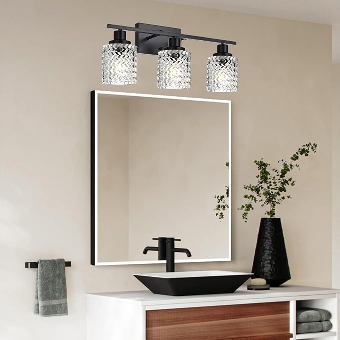 MELUCEE 3 Lights Modern Bathroom Light Fixtures Black Vanity Lights | Indoor Wall Mounted Light with Hammered Glass Shade Suitable for Bathroom Living Room Hallway