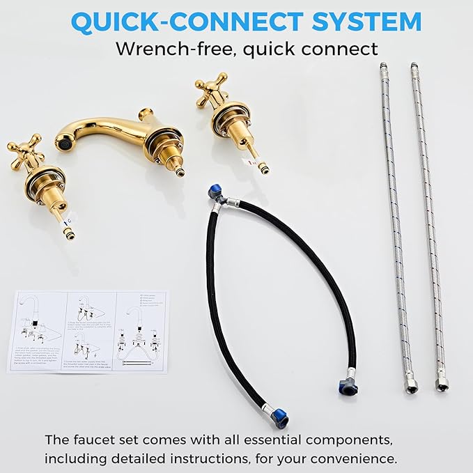 Vintage Widespread Bathroom Faucet, Gold 3-Hole Sink Faucet with Drain Assembly, Solid Brass, Drip-Free Ceramic Cartridge, Adjustable 8-16 Inch Installation