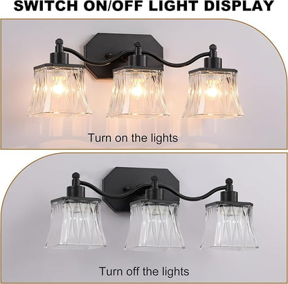 3-Light Matte Black Vanity Light, Vintage Crystal Glass Shades | Rust & Humidity Resistant Iron Frame,Mounted Over Mirror, Compatible with E26 Bulbs for Bathroom, Bedroom & Hallway