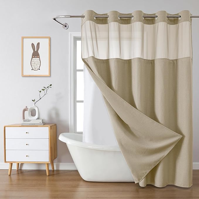 eachope No Hook Waffle Shower Curtain with Snap-in Liner, 71x74 Inch, Khaki | 230 GSM waffle weave fabric, waterproof liner set with 2 bottom magnets, mesh top window, washable, for bathroom or hotel use