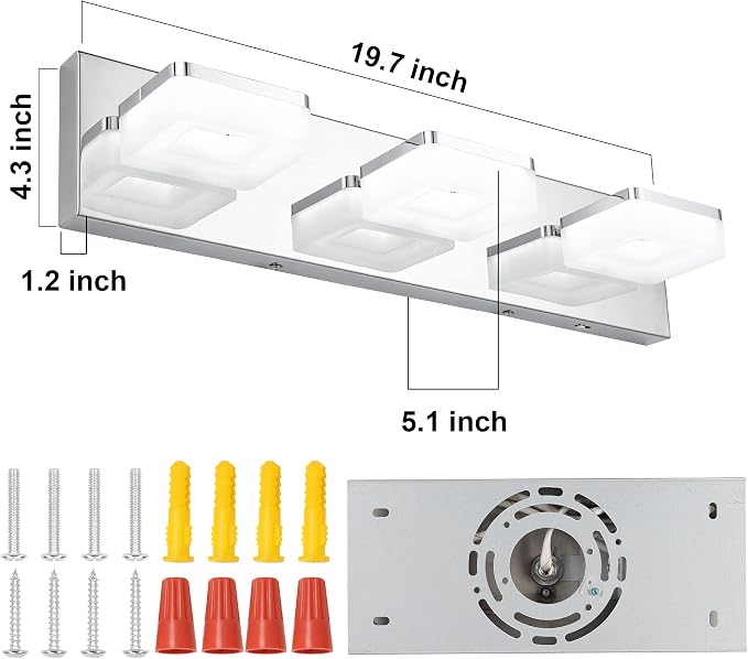 GOODATE 3 Colors Dimmable Bathroom Light Fixtures Over Mirror, LED Chrome Vanity Lights, Acrylic Stainless Steel 3 Light Bathroom Vanity Light, Adjustable 3000K/4000K/6000K, 360° Rotate