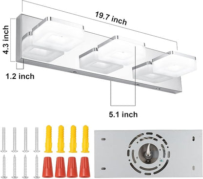 GOODATE 3 Colors Dimmable Bathroom Light Fixtures Over Mirror, LED Chrome Vanity Lights, Acrylic Stainless Steel 3 Light Bathroom Vanity Light, Adjustable 3000K/4000K/6000K, 360° Rotate
