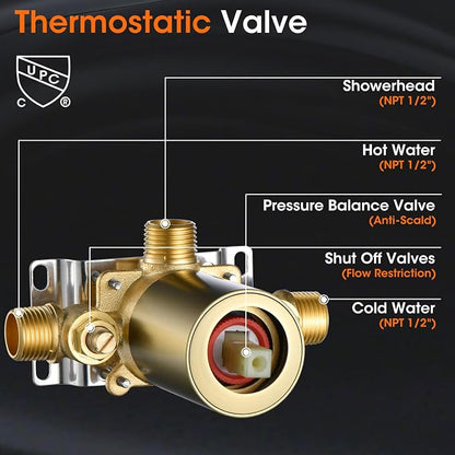 Rainfall Shower System Shower Faucet Set, Luxury, Antique, Light Gold | 9 Inch Single Function Shower Head, Pressure Balance Valve, Wall Mounted, Bathroom, Shower Trim Kit