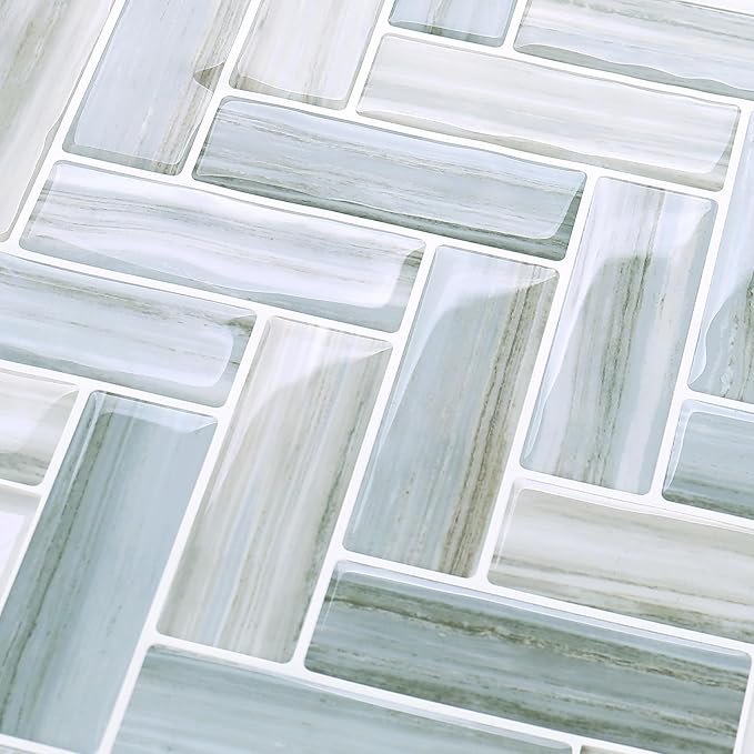 Tilingview 10PCS Peel and Stick Backsplash for Kitchen, Plastic Self-Adhesive Vinyl Gel Tile, Wall Tile for Home Decoration (Blue Gray Herringbone)