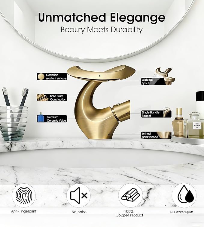 Elegant Alien Brushed Gold Bathroom Sink Faucet Single Hole,AUU Waterfall Vanity Sink Faucet Solid Brass,Single Handle Basin Tap with Pop Up Drian&Deck Plate
