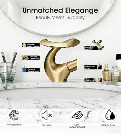Elegant Alien Brushed Gold Bathroom Sink Faucet Single Hole,AUU Waterfall Vanity Sink Faucet Solid Brass,Single Handle Basin Tap with Pop Up Drian&Deck Plate