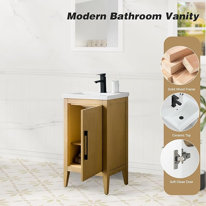 HomeBeyond 20 Inch Bathroom Vanity with Sink & Ceramic Top, Single Vanity Cabinet with Basin, Soft-Closing Doors & Matte Black Hardware, Natural Oak