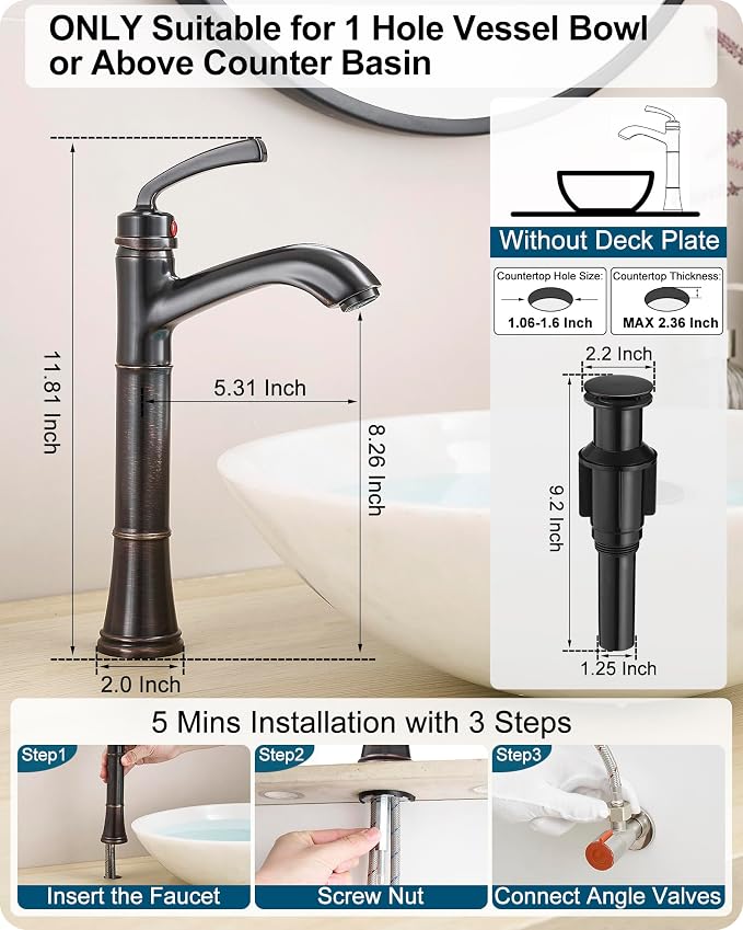 Brass Tall Bathroom Faucet 1 Hole, Oil Rubbed Bronze Bathroom Vessel Sink Faucet Single Handle with Pop-Up Drain & Pre-Installed Hoses, 5 Mins Install