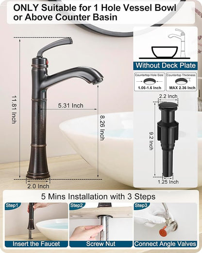 Brass Tall Bathroom Faucet 1 Hole, Oil Rubbed Bronze Bathroom Vessel Sink Faucet Single Handle with Pop-Up Drain & Pre-Installed Hoses, 5 Mins Install