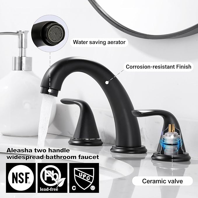 Widespread Bathroom Sink Faucet, ALEASHA Matte Black Bathroom Faucet with Pop Up Drain, Washroom Sink Faucets 3 Holes for RV/Vanity Camper, 304 Stainless Steel Tap with Lead-Free Supply Lines