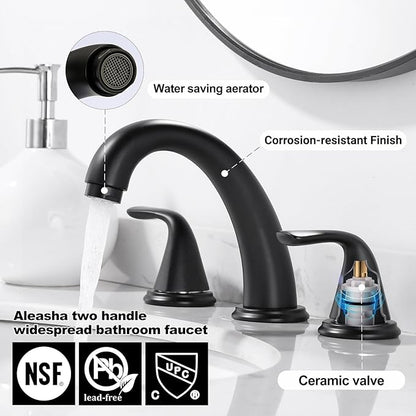 Widespread Bathroom Sink Faucet, ALEASHA Matte Black Bathroom Faucet with Pop Up Drain, Washroom Sink Faucets 3 Holes for RV/Vanity Camper, 304 Stainless Steel Tap with Lead-Free Supply Lines