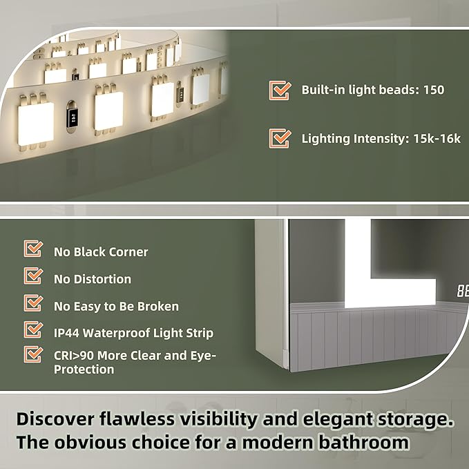 LED Medicine Cabinet Mirror, 24x30 Inch Bathroom Storage, Recessed/Wall Mount, Plug-in/Hardwired, 3 Color Dimmable Light, Anti-Fog, Time Temp Display, Left Hinge