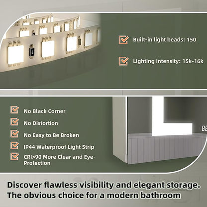 LED Medicine Cabinet Mirror with Lights, 36 x 30 Inch Bathroom Storage, Recessed/Wall Mount, Plug-in/Hardwired, 3 Color Dimmable Light, Anti-Fog, Time Temp Display