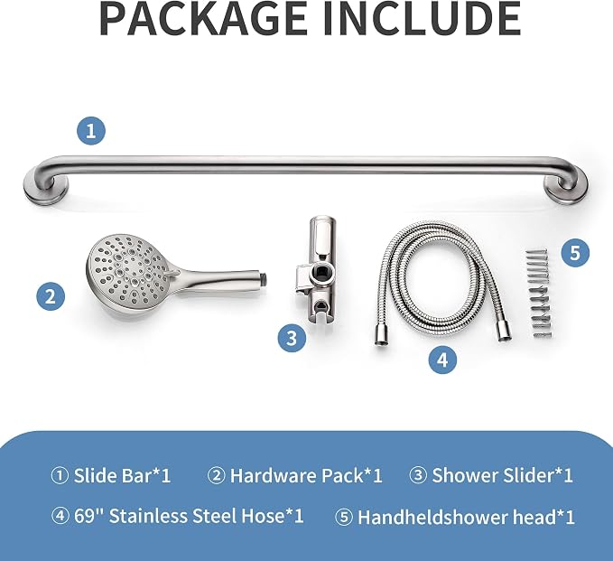 BRIGHT SHOWERS Slide Bar Shower Set with Handheld Shower Head, ADA-Compliant Stainless Steel Grab Bar, Adjustable Height and 69-Inch Hose, Brushed Nickel