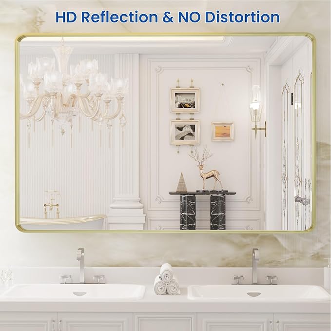 WEER 40X30 Inch Gold Bathroom Vanity Mirror | Rounded Rectangle Gold Mirror, Brushed Gold Metal Frame, Tempered Glass, Anti-Rust, Hangs Horizontally or Vertically