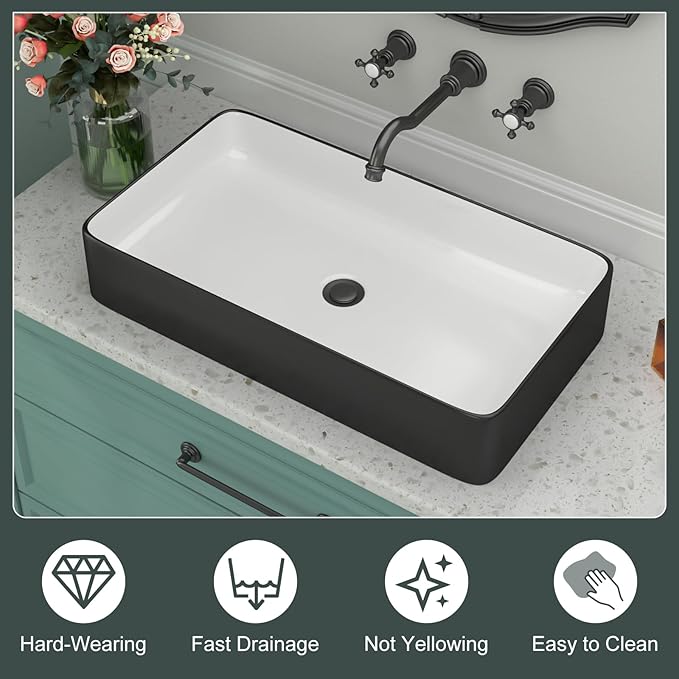 Bathroom Vessel Sink - Beslend 24x14 Inch Rectangular Modern Above Counter Ceramic Porcelain Vessel Sink White and Black Art Basin