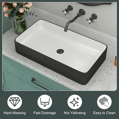 Bathroom Vessel Sink - Beslend 24x14 Inch Rectangular Modern Above Counter Ceramic Porcelain Vessel Sink White and Black Art Basin