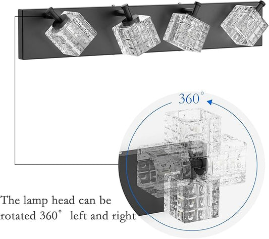 Ralbay Crystal Vanity Lights - 4 LED Modern Matte Black Bathroom Vanity Lights Over Mirror