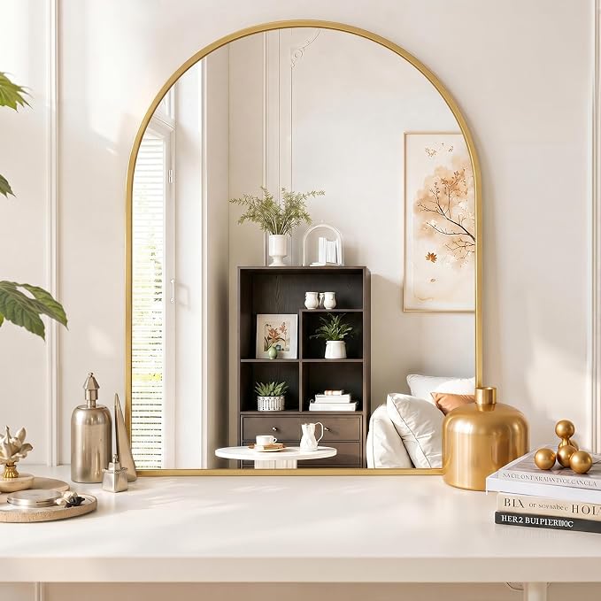 Arched Wall Mirror 38x30 Inch Gold Bathroom Vanity Mirror with Metal Frame | Modern Arch Mirror for Bedroom, Living Room, Entryway, Wall Mounted Decorative Mirror