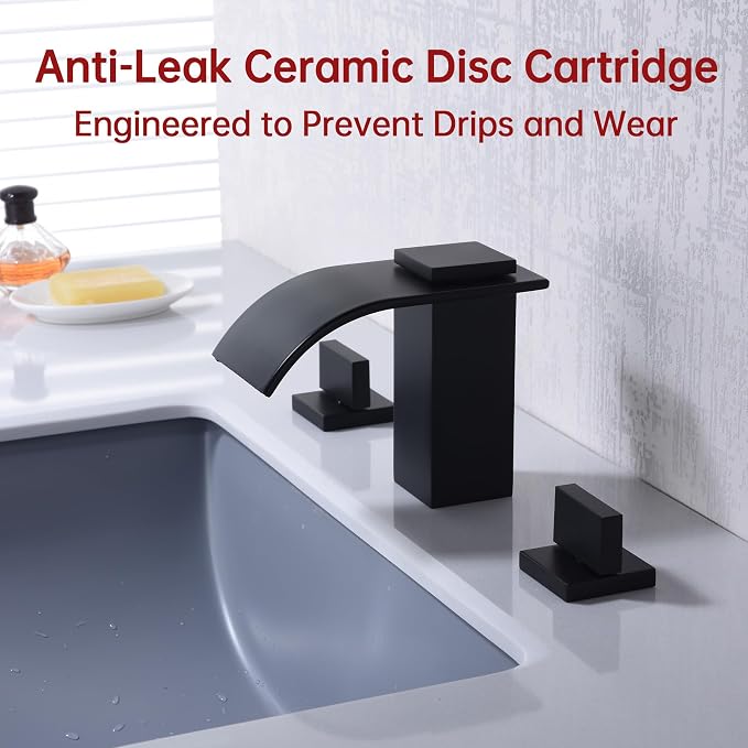 SUMERAIN Matte Black 8 Inch Widespread Waterfall Bathroom Sink Faucet | 3 Hole, 2 Handles, Modern Design, Easy DIY Installation