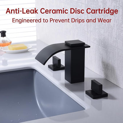 SUMERAIN Matte Black 8 Inch Widespread Waterfall Bathroom Sink Faucet | 3 Hole, 2 Handles, Modern Design, Easy DIY Installation