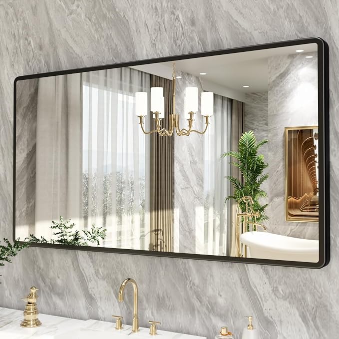 pertetey 55 x 30 in Rounded Rectangle Bathroom Mirror | Black Metal Frame, Tempered Glass, Wall Mounted