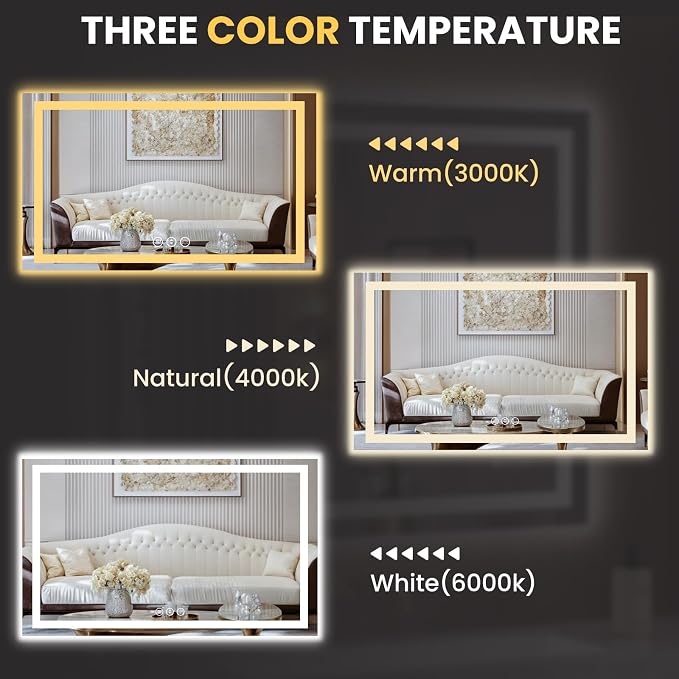 LOAAO 55"X40" LED Bathroom Mirror with Lights, UL Listed | Anti-Fog, Dimmable, 3 Color Temperature, Backlit + Front Lit, Memory Function, Tempered Glass
