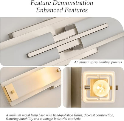 VitaLink 24” Bathroom Vanity Light, Satin Nickel 2-Light Frosted Glass Wall Lights for Bathroom Hardwired Wall Mount Lighting Fixtures for Living Room Bedroom E12