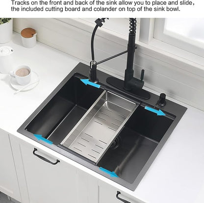 25 Inch Black Drop In Kitchen Sink Workstation - VOKIM 25x22-Inch Drop In sink 16 Gauge Stainless Steel 10'' Deep Single Bowl Handmade Kitchen Sink with Cutting Board& Strainer