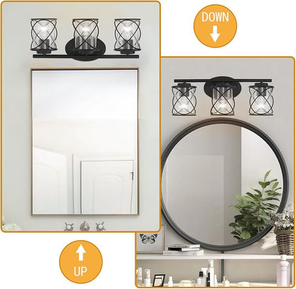 3-Lights Bathroom Vanity Lights, Bathroom Light Fixtures Over Mirror, Matte Black Vanity Light, Farmhouse Wall Lights with Clear Glass Shade, Bathroom Wall Lamp for Mirror Kitchen Bedroom